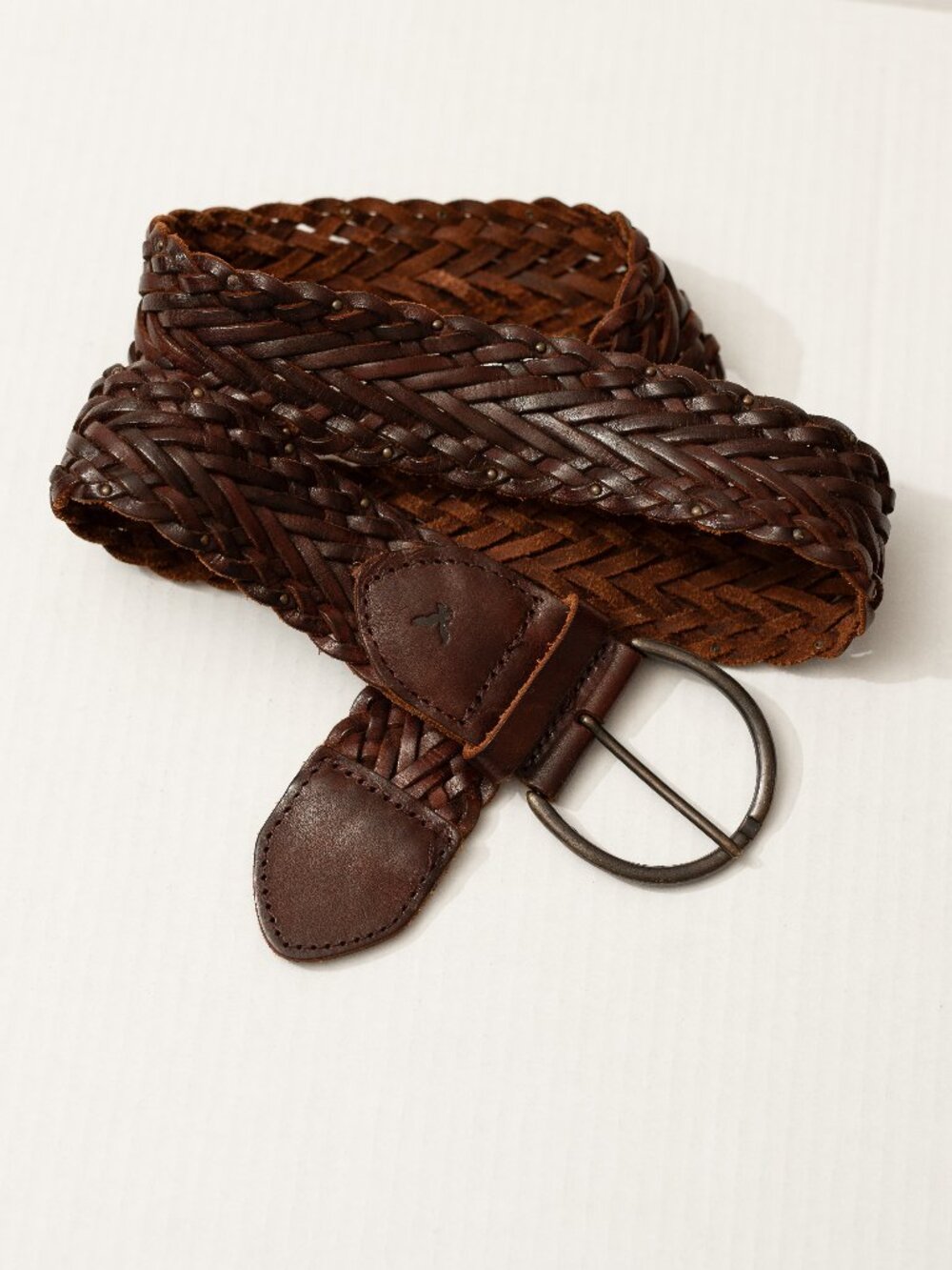 American Eagle Studded Brown Leather Boho Wide Woven Braided Belt Size L - XL